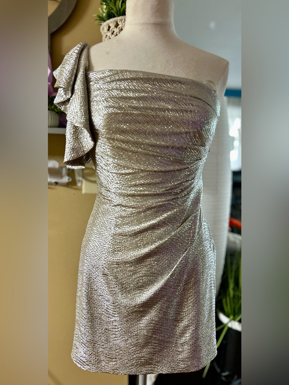Arden B Metallic Silver One-Shoulder Ruffle Mini Dress